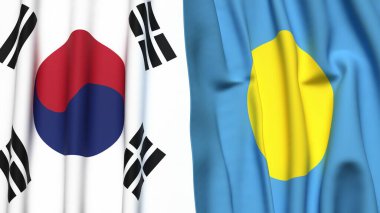 Güney Kore ve PALAU bayrakları gerçekçi kumaş dokusuna sahip.