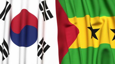Güney Kore ve SAO TOME bayrakları gerçekçi kumaş dokusuyla