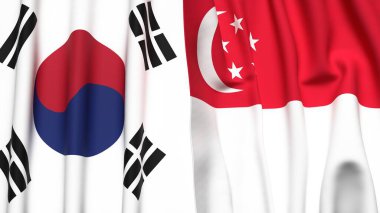 Güney Kore ve ŞARKI bayrakları gerçekçi kumaş dokusuyla