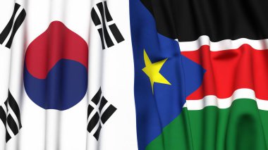 Güney Kore ve Güney Sudan bayrakları gerçekçi kumaş dokusuna sahip.