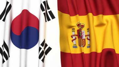 Güney Kore ve İspanya bayrakları gerçekçi kumaş dokusuna sahip.