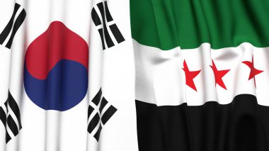 Güney Kore ve Syria 'nın gerçekçi kumaş dokusuna sahip bayrakları