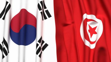 Güney Kore ve TUNISIA 'nın gerçekçi kumaş dokusuna sahip bayrakları