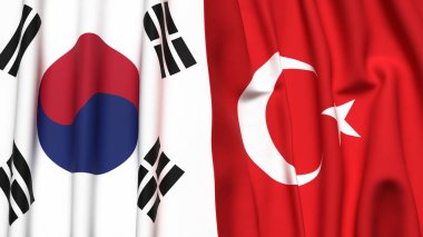 Gerçek kumaş dokusuna sahip Güney Kore ve Turka Bayrakları