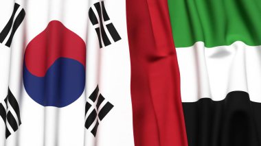 Güney Kore ve BAE bayrakları gerçekçi kumaş dokusuna sahip.