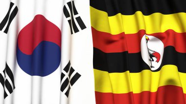 Güney Kore ve UGANDA 'nın gerçekçi kumaş dokusuna sahip bayrakları