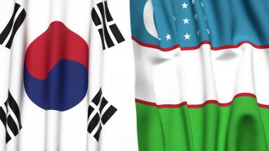 Güney Kore ve UZBEKISTAN 'ın gerçekçi kumaş dokusuna sahip bayrakları