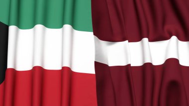 KUWAIT ve LATVIA bayrakları gerçekçi kumaş dokusuyla