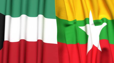 Gerçekçi kumaşlı KUWAIT ve Myanmar bayrakları