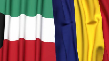 KUWAIT ve ROMANIA bayrakları gerçekçi kumaş dokusuyla