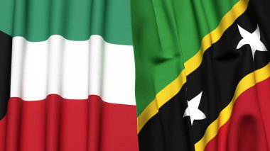 Gerçekçi kumaş dokusuna sahip KUWAIT ve Aziz Kitts bayrakları