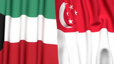 KUWAIT ve SINGAPORE bayrakları gerçekçi kumaş dokusuyla