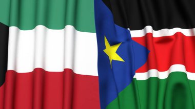 KUWAIT Bayrakları ve gerçekçi kumaş dokusuna sahip Güney Sudan Bayrakları