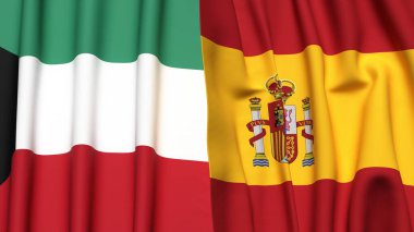 KUWAIT ve İspanya bayrakları gerçekçi kumaş dokusuyla