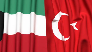 Gerçekçi kumaş dokusuna sahip KUWAIT ve TURKEY bayrakları