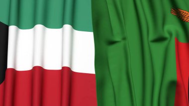 KUWAIT ve ZAMBIA 'nın gerçekçi kumaş dokusuyla bayrakları