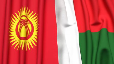 Gerçekçi kumaş dokusuna sahip KYRGYZSTAN ve MADAGASCAR bayrakları