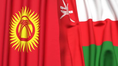 KYRGYZSTAN 'ın bayrakları ve gerçekçi kumaş dokusuna sahip OMAN