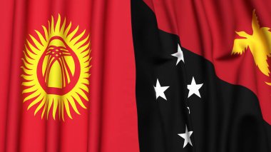KYRGYZSTAN ve PAPUA 'nın bayrakları Gerçekçi kumaş dokusuna sahip Yeni Guinea