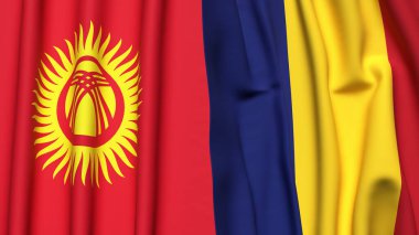 Gerçekçi kumaşlı KYRGYZSTAN ve ROMANIA bayrakları