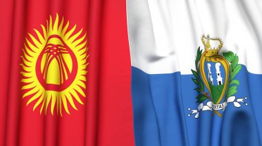 Gerçekçi kumaş dokusuna sahip KYRGYZSTAN ve SAN MARINO bayrakları