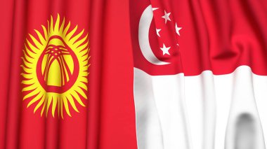 KYRGYZSTAN ve SINGAPORE bayrakları gerçekçi kumaş dokusuyla