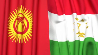 Gerçekçi kumaş dokusuna sahip KYRGYZSTAN ve TAJIKISTAN bayrakları