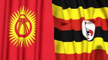 Gerçekçi kumaş dokusuna sahip KYRGYZSTAN ve UGANDA bayrakları