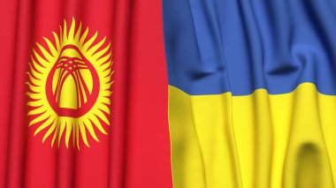 Gerçekçi kumaş dokusuna sahip KYRGYZSTAN ve UKRAINE bayrakları