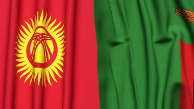 Gerçekçi kumaş dokusuna sahip KYRGYZSTAN ve ZAMBIA bayrakları