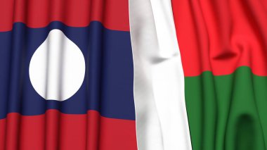 LAOS ve MADAGASCAR bayrakları gerçekçi kumaş dokusuna sahip