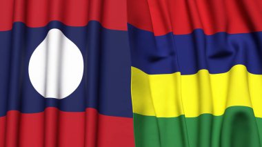 Gerçekçi kumaş dokusuna sahip LAOS ve MAURITIUS bayrakları