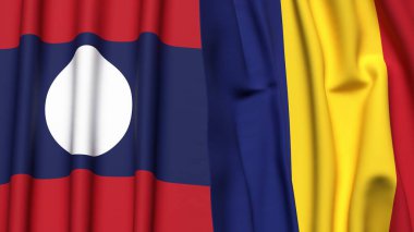 LAOS ve ROMANIA bayrakları gerçekçi kumaş dokusuna sahip