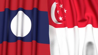LAOS ve SINGAPORE bayrakları gerçekçi kumaş dokusuyla