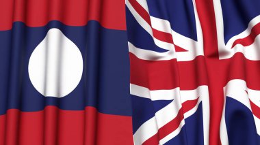 LAOS ve UNITED KINGDOM bayrakları gerçekçi kumaş dokusuna sahip