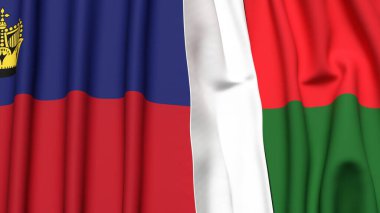 Gerçekçi kumaş dokusuna sahip LIECHTENSTEIN ve MADAGASCAR bayrakları
