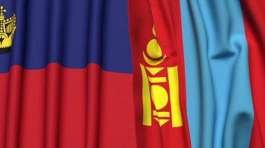 Gerçek kumaş dokusuna sahip LIECHTENSTEIN ve Moğolistan bayrakları