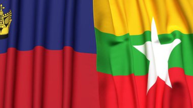 Gerçekçi kumaş dokusuna sahip LIECHTENSTEIN ve Myanmar bayrakları