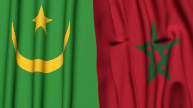 Gerçekçi kumaş dokusuna sahip Mauritania ve MoroCCO bayrakları