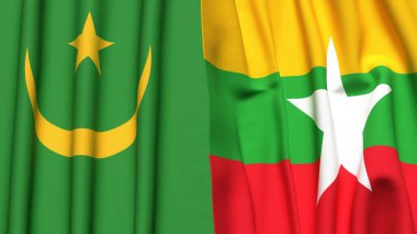 Gerçekçi kumaş dokusuna sahip Myanmar ve Mauritania bayrakları