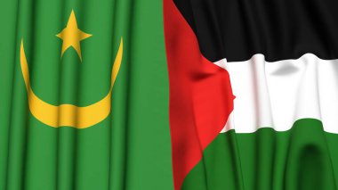 Gerçekçi kumaş dokusuna sahip Mauritania ve Filistin bayrakları