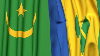 Gerçekçi kumaş dokusuna sahip Mauritania ve Aziz Venedik bayrakları