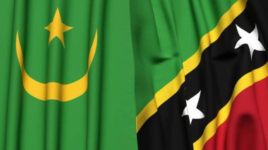 Gerçekçi kumaş dokusuna sahip Mauritania ve Saint Kitts bayrakları