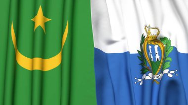 Gerçekçi kumaş dokusuna sahip Mauritania ve SAN MARINO bayrakları