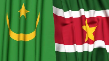 Gerçekçi kumaş dokusuna sahip Mauritania ve SURINAME bayrakları