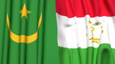Gerçekçi kumaş dokusuna sahip MAURITANIA ve TAJIKISTAN bayrakları