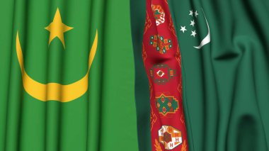 Gerçekçi kumaş dokusuna sahip Mauritania ve Türkmenistan bayrakları
