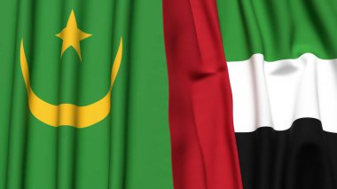 Gerçekçi kumaş dokusuna sahip MAURITANIA ve BAE bayrakları