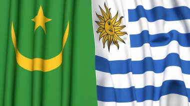 Gerçekçi kumaş dokusuna sahip Mauritania ve Uruguay bayrakları
