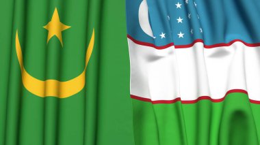Gerçekçi kumaş dokusuna sahip Mauritania ve UZBEKISTAN bayrakları